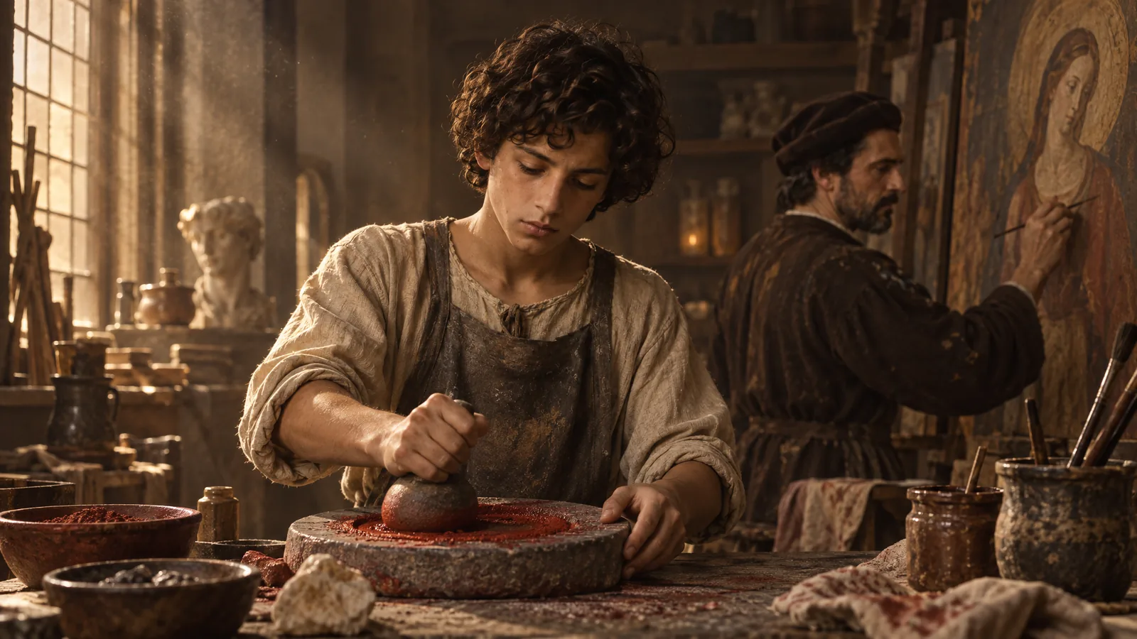 An apprentice grinding pigment in a Renaissance workshop while the master paints